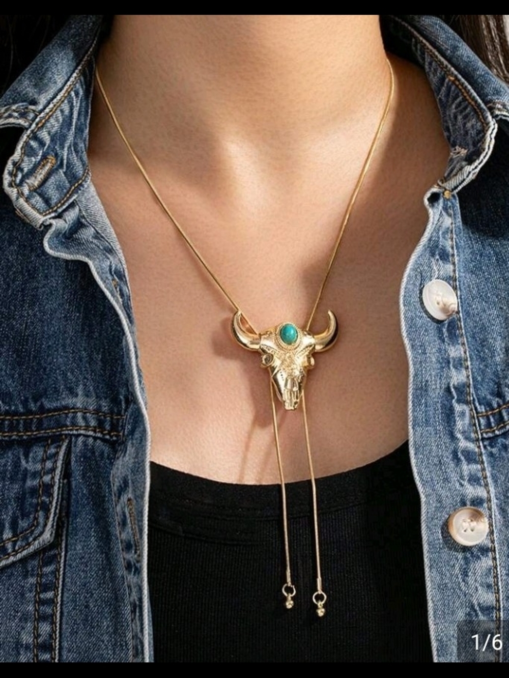 Gold Bull Skull Pendant Necklace with Turquoise Stone - Women Jewelry
